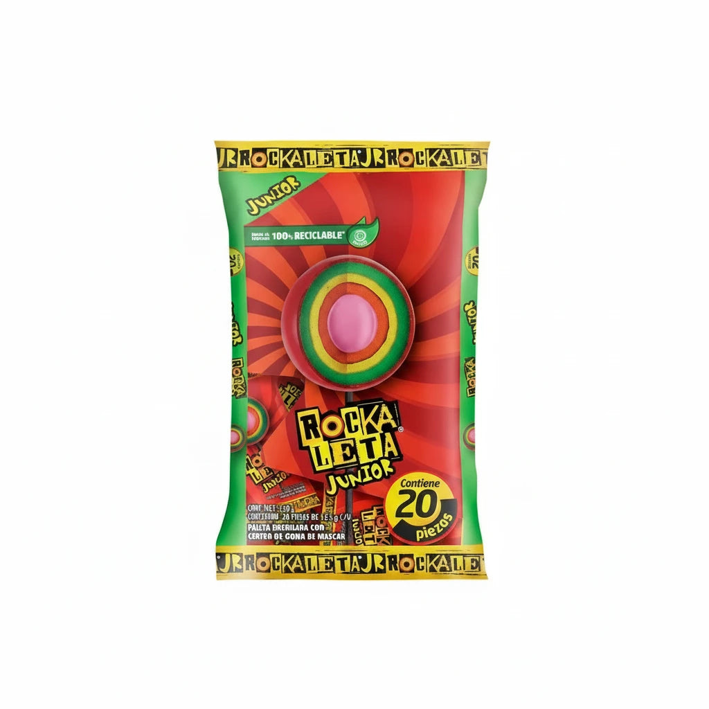 Mitoteland — Rockaleta Junior Lollipop by Sonrics — Spicy layered Mexican lollipop with bubblegum center. Available as 20-pack 250g bag.